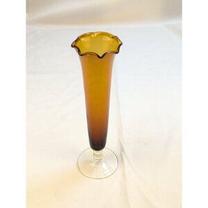 Vintage Amber Glass Bud Vase with Clear Footed Base‎ & Stem and ruffle top